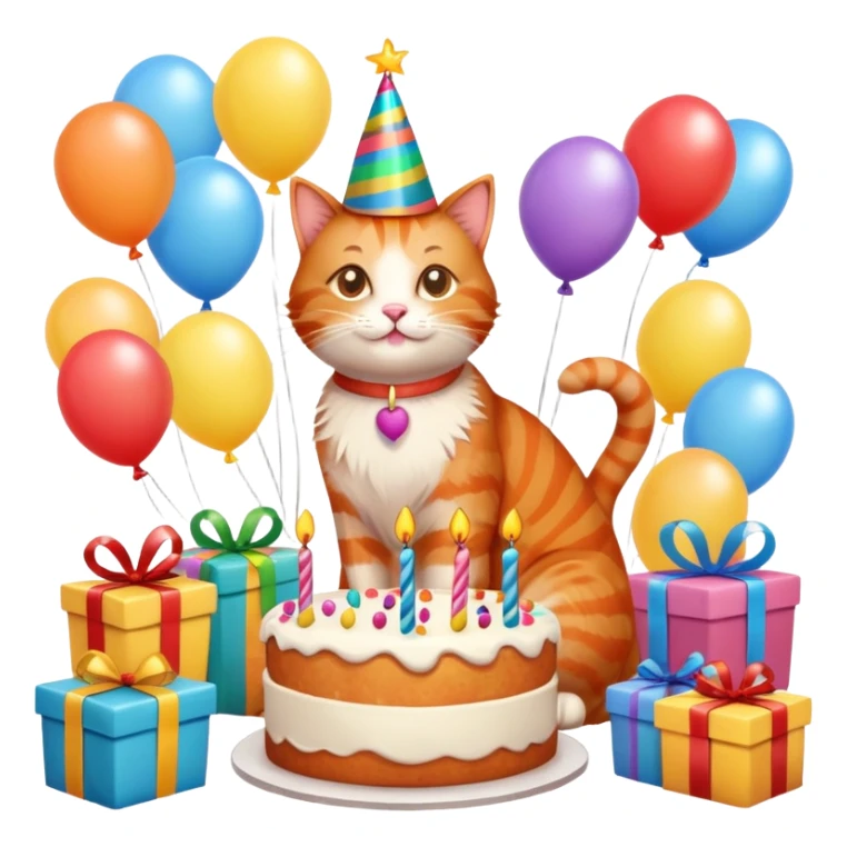 Ginger cat celebrates birthday, birthday hat, birthday cake, balloons, happy, gifts sticker