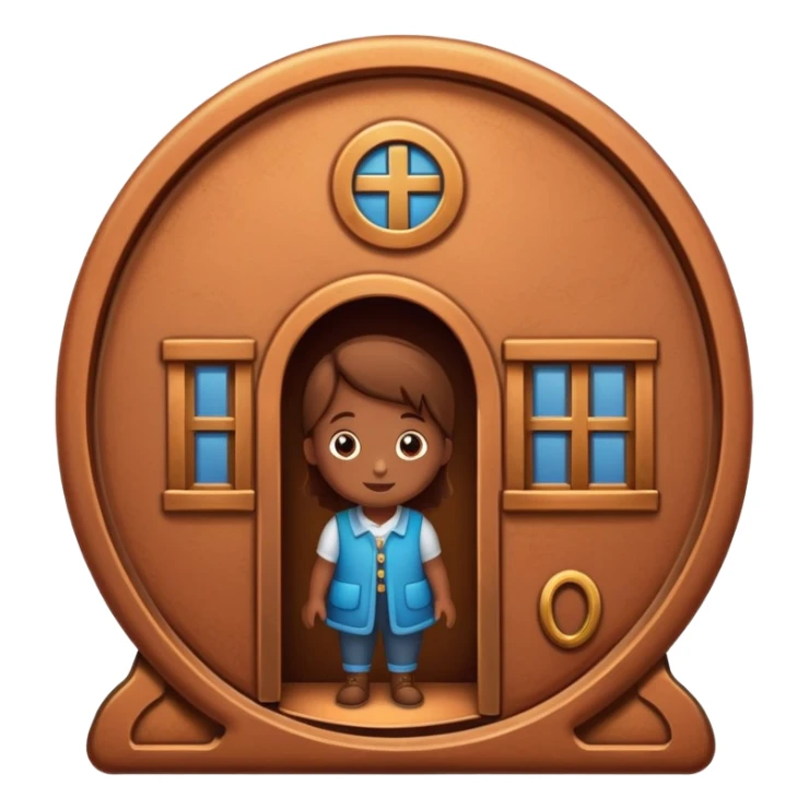cross-section of a penny coin showing a cute character living inside, penny interior as a cozy home, tiny door and windows sticker