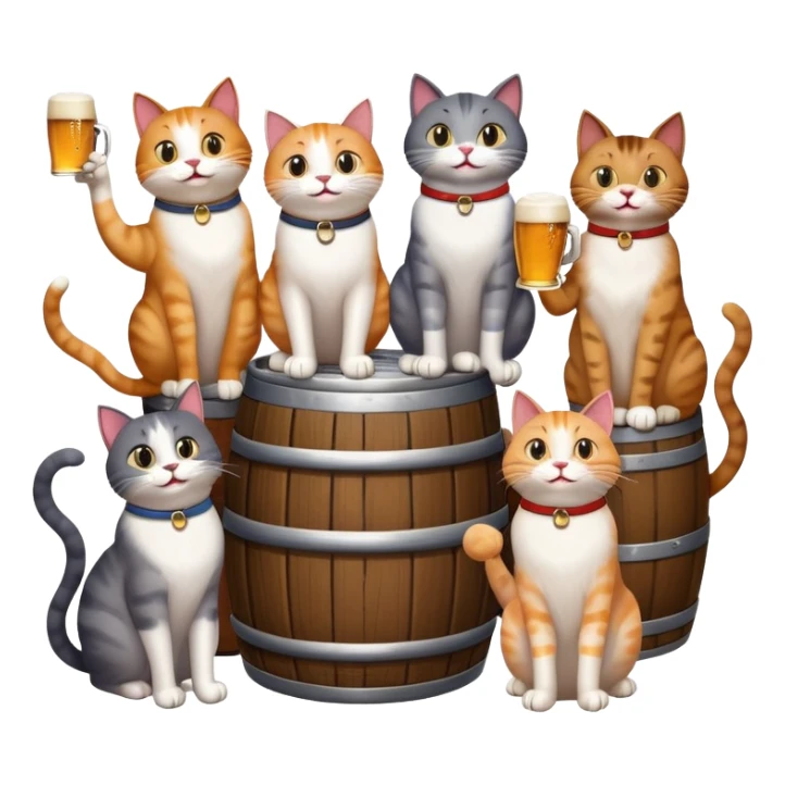 seven distinct cats standing around a beer keg, each cat drinking, all with goofy playful expressions sticker