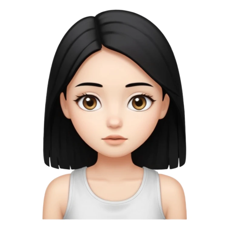 Smooth skin, soft shading, large expressive eyes, natural makeup. 
Long straight black hair, center part. 
Minimalistic and cute facial expression. 
White sleeveless top. 
Bright studio lighting, plain white background. 
High resolution, polished, modern, simple aesthetic. sticker
