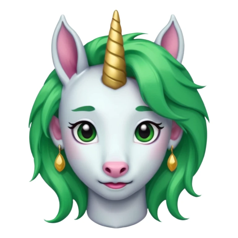 unicorn with green hair and big earrings looking into camera sticker