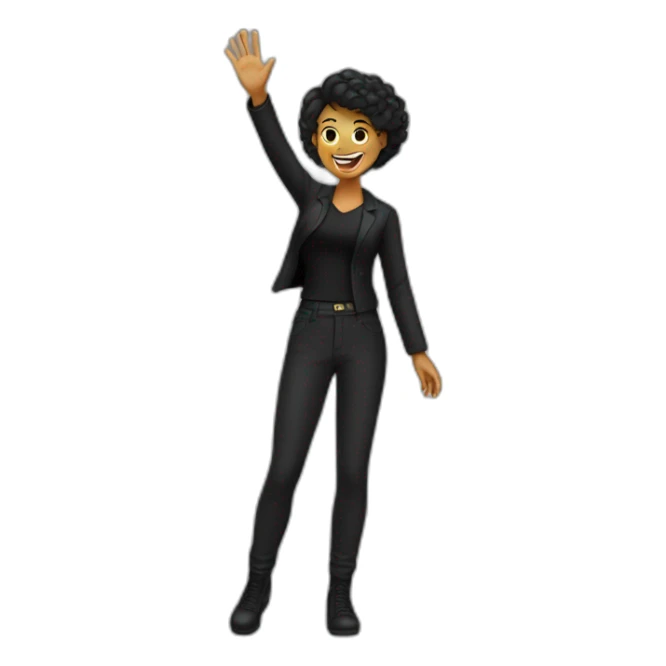 Woman waving hand with happy face in black clothes  sticker
