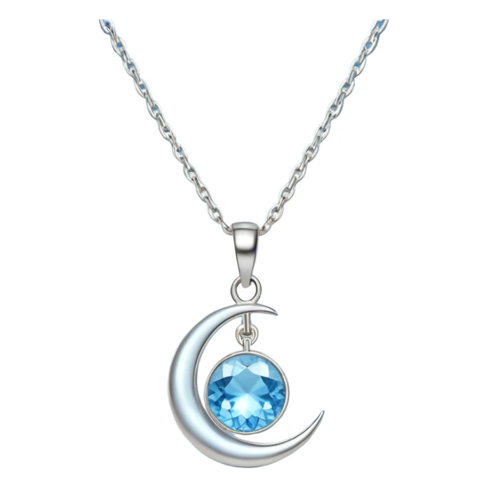 Silvery silver moon necklace with a light-blue crystal hanging attached necklace   sticker