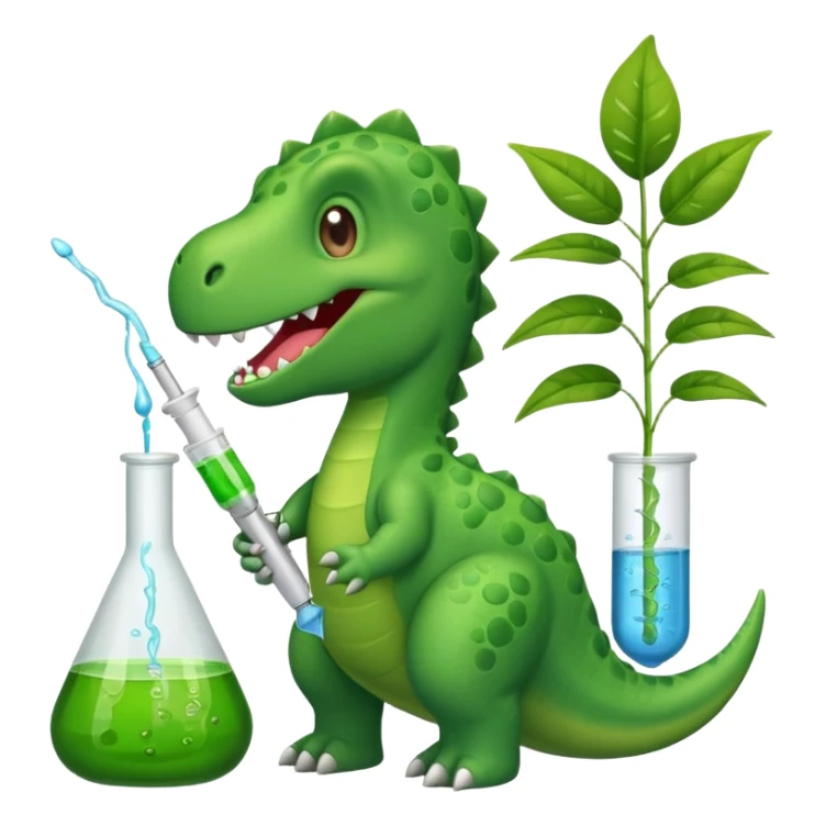 green dinosaur with lab equipment: pipette, flask, and plant sample, emoji style sticker