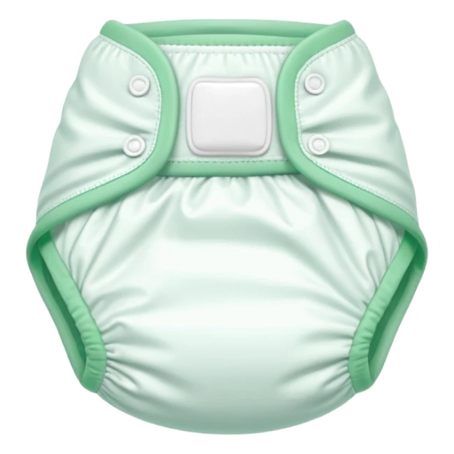 single baby diaper, slightly arched and plush, soft white material with pastel green trim, elastic leg bands, folded sides, no baby or extras, soft lighting, subtle shadows, emoji scale sticker
