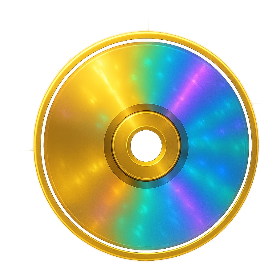 gold CD with a rainbow reflection, emoji style, holographic effect, glow effect sticker