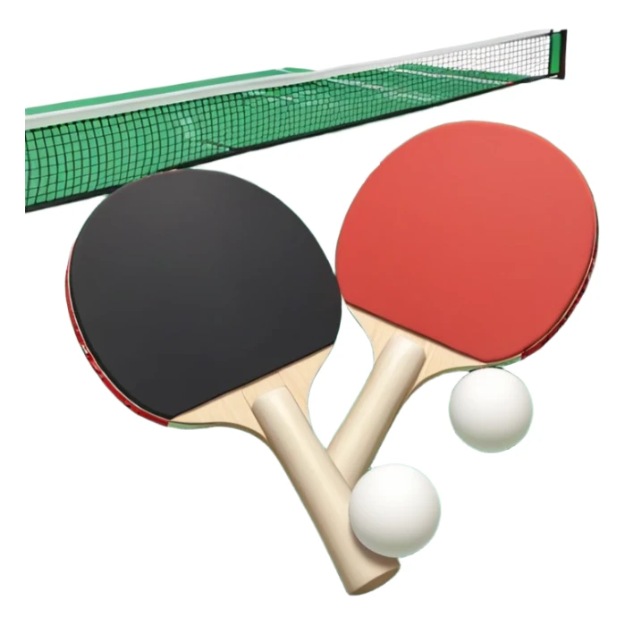 Two table tennis paddles and a ball placed on a ping pong table, with the net in the background. The scene conveys the simplicity and focus of the sport, with vibrant colors highlighting the rackets and ball on the smooth surface of the table. sticker