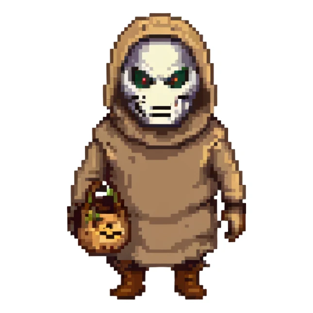 horror villain with burlap sack mask and dark hollow eyes sticker
