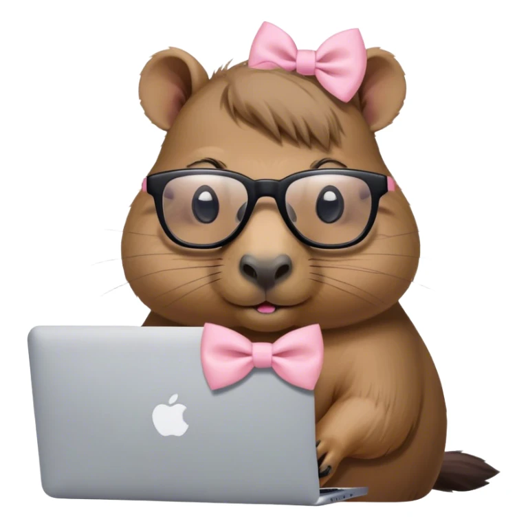 capivara de óculos e laço rosa claro mexendo no macbook sticker