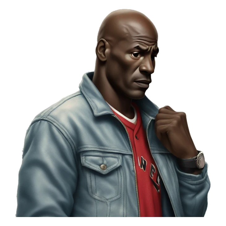 Michael Jordan in a jacket holds his head and is sad photorealistic serious sticker