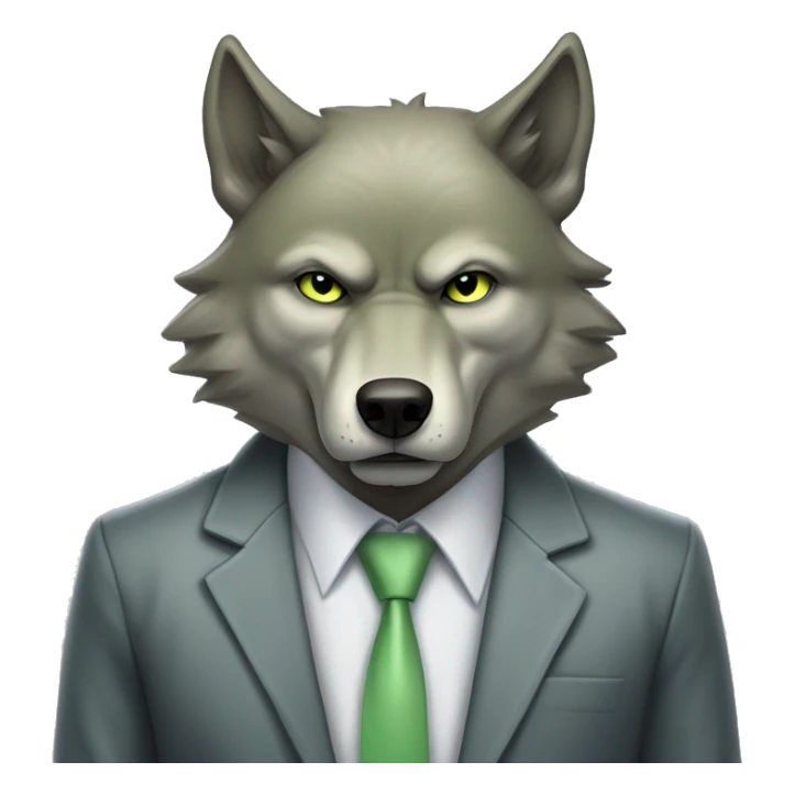 Portrait of Big Bad Angry Wolf with a human-like face wears a sleek jacket grey and a pastel green tie like a salesman and eyes color matching the tie sticker