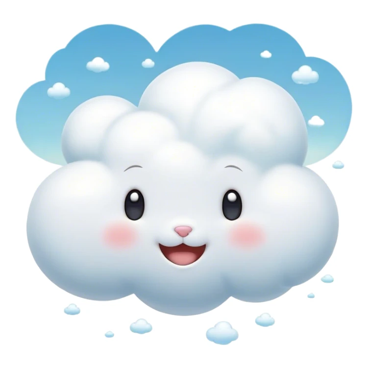 Cinematic tiny puffy bunny-shaped cloud, floating gently in the sky, soft glowing light, tiny rounded ears, smiling face, dreamy and magical. sticker