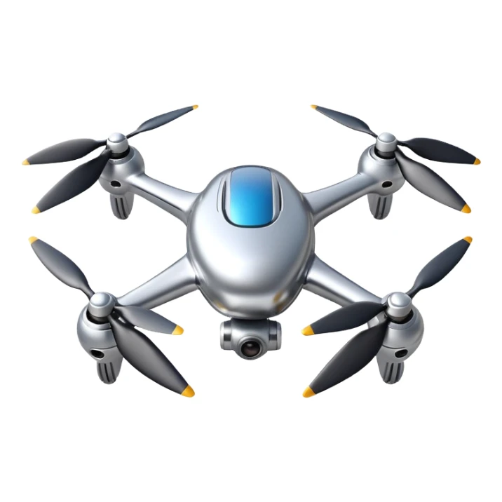 A futuristic drone emoji made of polished silver chrome, smooth rounded body, minimal propellers, reflective metallic surface, soft studio lighting, iOS emoji style, centered, clean white background sticker