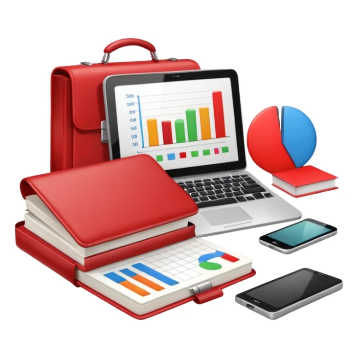An open book with a graph and financial charts, a briefcase, a calculator, and a laptop nearby. The icon should represent the world of business, finance, and professional growth. Red color scheme. sticker