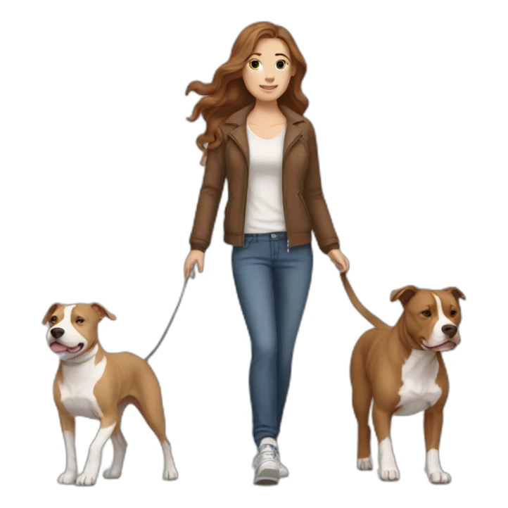 White woman with long wavy brown hair walking tan and white pitbull sticker