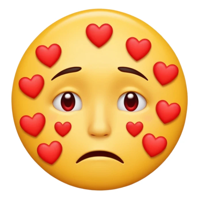 A yellow circular frowning face that is crying, with a dozen hearts floating from top to bottom in front of it sticker