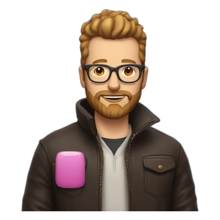 white man with brown beard a pink mohawk and thick glasses wearing a leather coat sticker