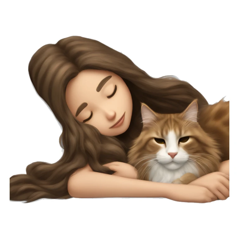 girl with long brunette hair sleeping cuddled with maine coon cat sticker