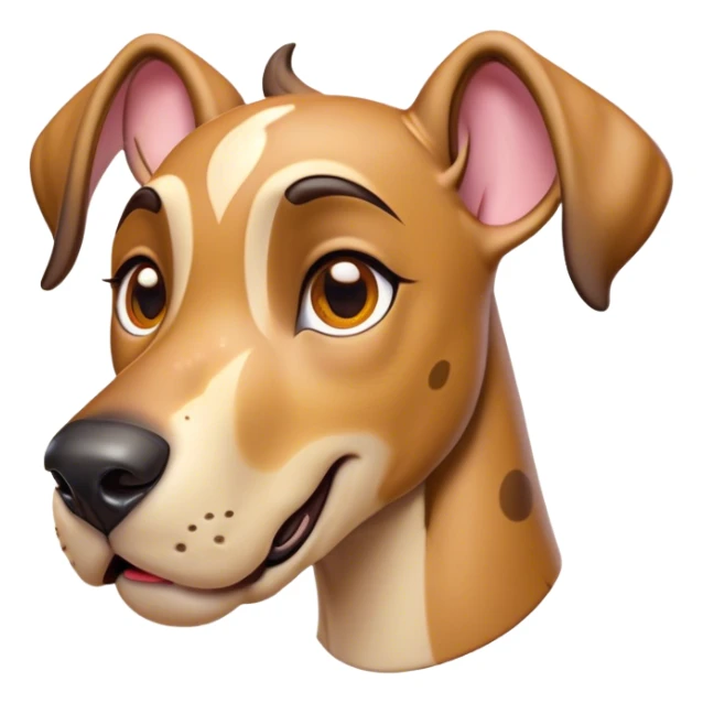 Cinematic Comical Fawn Great Dane Portrait Emoji, Head tilted dramatically with an exaggeratedly amused expression, featuring a sleek fawn Fur, wide, expressive amber eyes filled with playful disbelief, Simplified yet hilariously expressive features, highly detailed, glowing with a slightly sassy glow, high shine, dramatic yet playful, stylized with an air of cheeky mischief, bright and endearing, soft glowing outline, capturing the essence of a spirited and over-the-top guardian, so meme-worthy it feels like it could side-eye its way into internet fame instantly! sticker