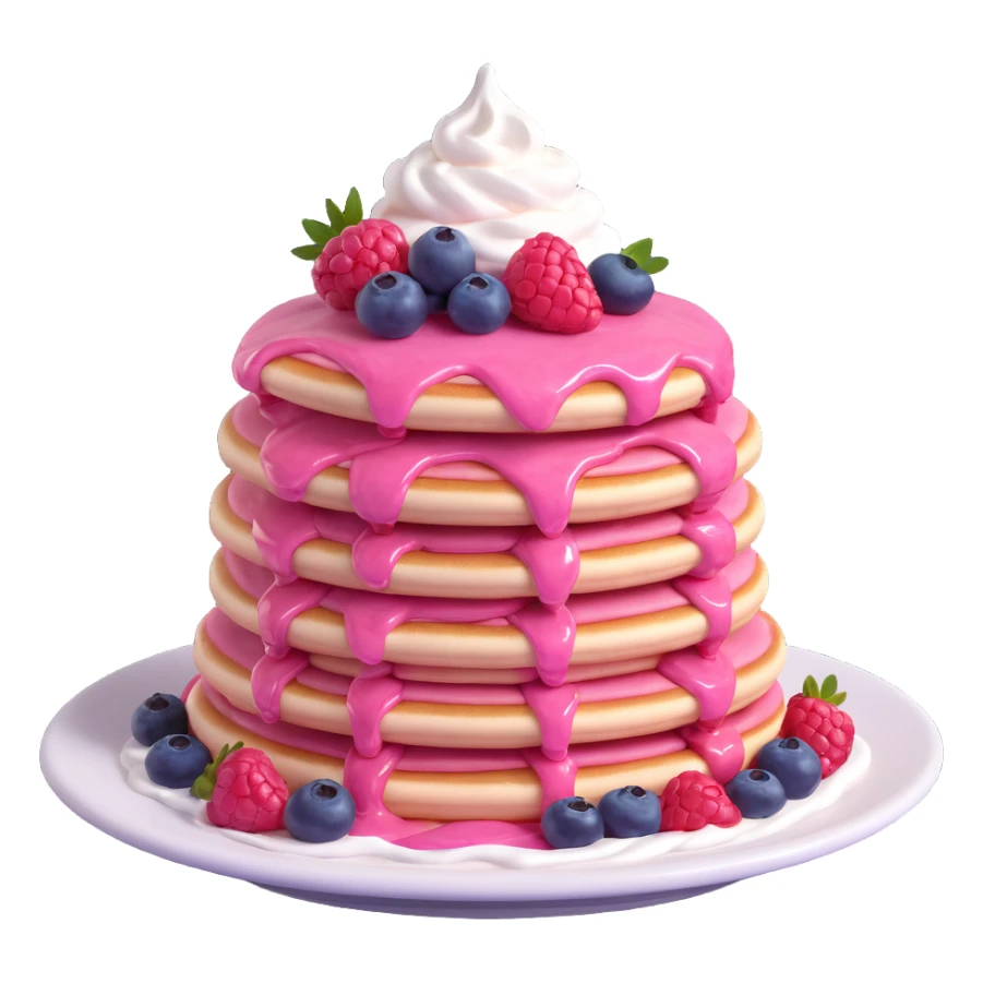stack of pink pancakes on a plate with whipped cream and berries, glossy finish, realistic textures, modern and appetizing look, soft lighting sticker