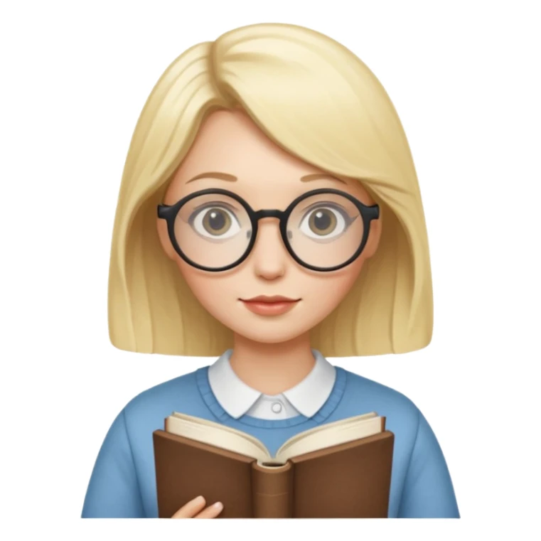 Blonde woman with round glasses and book sticker