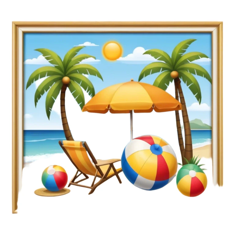 Icon for Beach Tourism: a serene beach scene with palm trees, a sun hat, a beach ball, and the ocean in the background. The icon should capture the relaxing atmosphere of a beach vacation. Transparent background. sticker