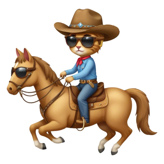 A cat with a cowboy hat and sunglasses riding a horse  sticker