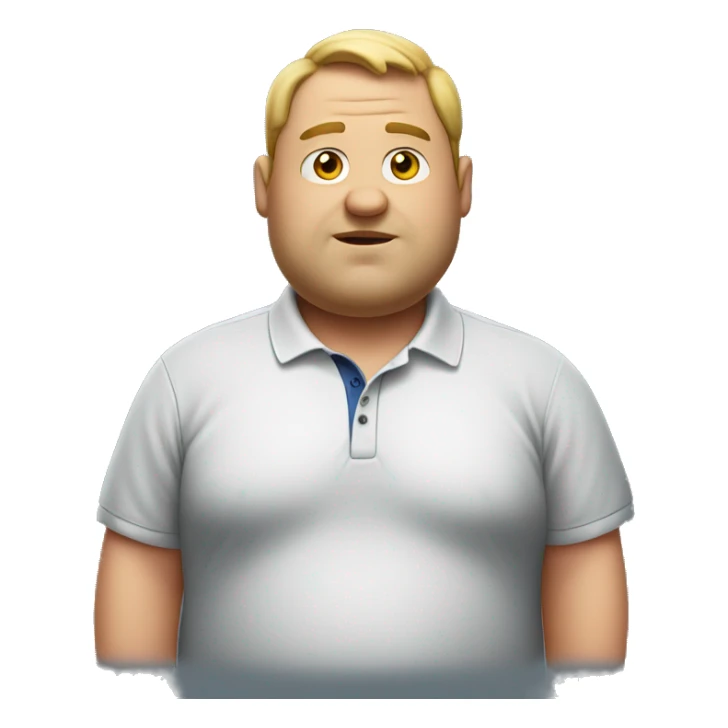 a fat man wears a polo shirt with fat text sticker
