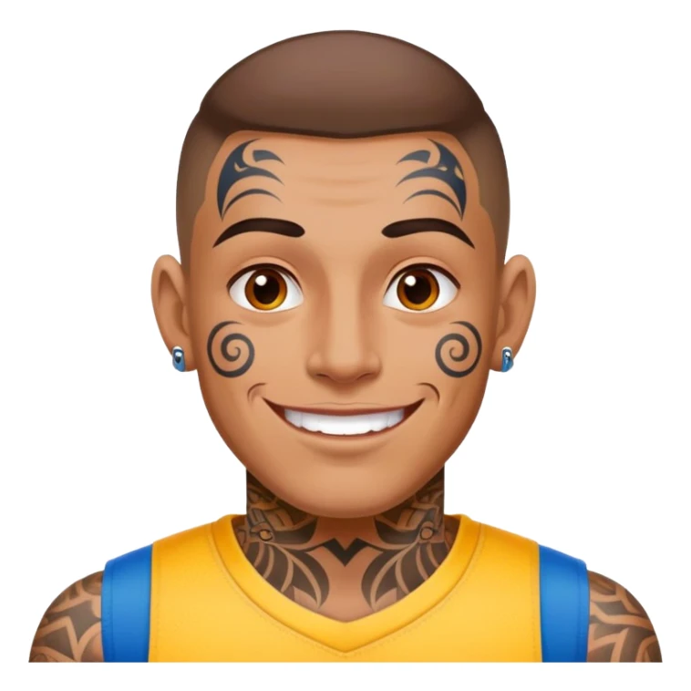man with bold face tattoos, happy face, wearing a colorful jersey sticker