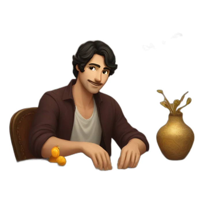 a guy with short dark hair sits at a table, there are Tarot cards on the table sticker