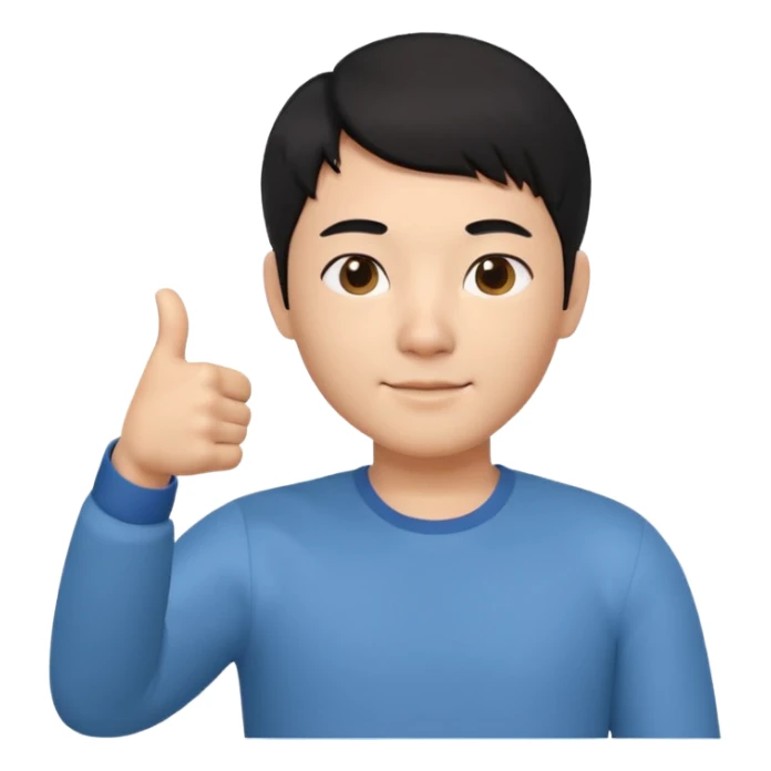 3D avatar of a Korean male frontend developer,
short black hair with clean 5:5 middle part,
no glasses,
one hand making thumbs up gesture,
calm and friendly expression,
minimal professional style sticker