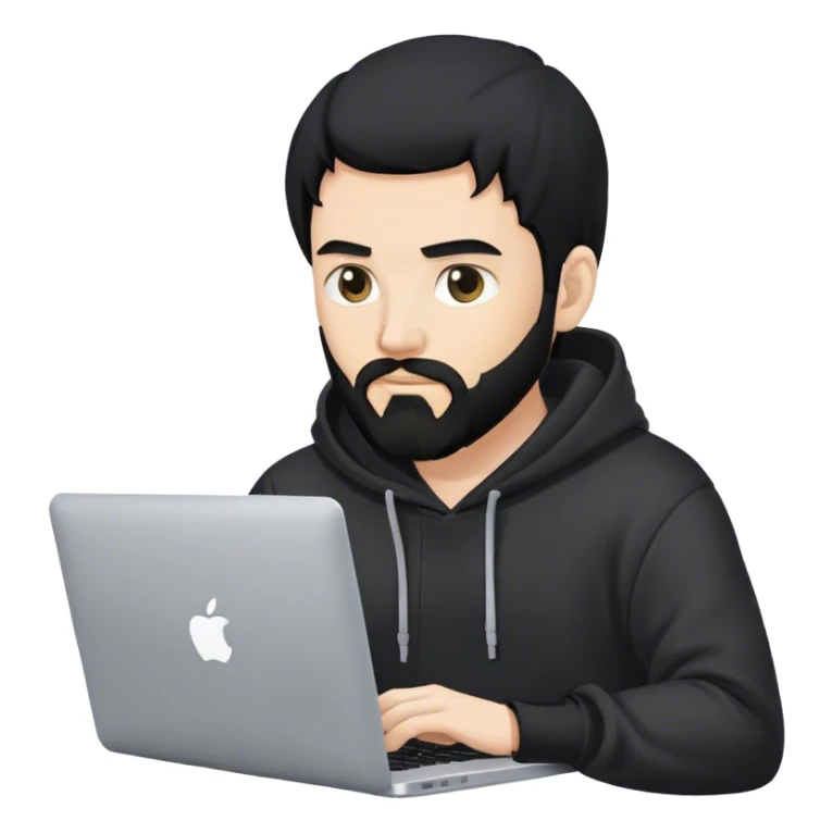 hackeur blanc cheveux noir barbe et capuche noir avec un macbook sticker