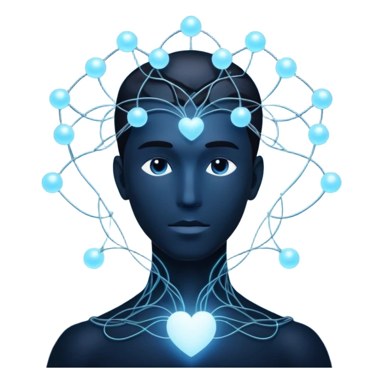 elegant man silhouette with delicate interconnected lines and floating orbs, luminous cores at head and heart, soft white-blue light sticker