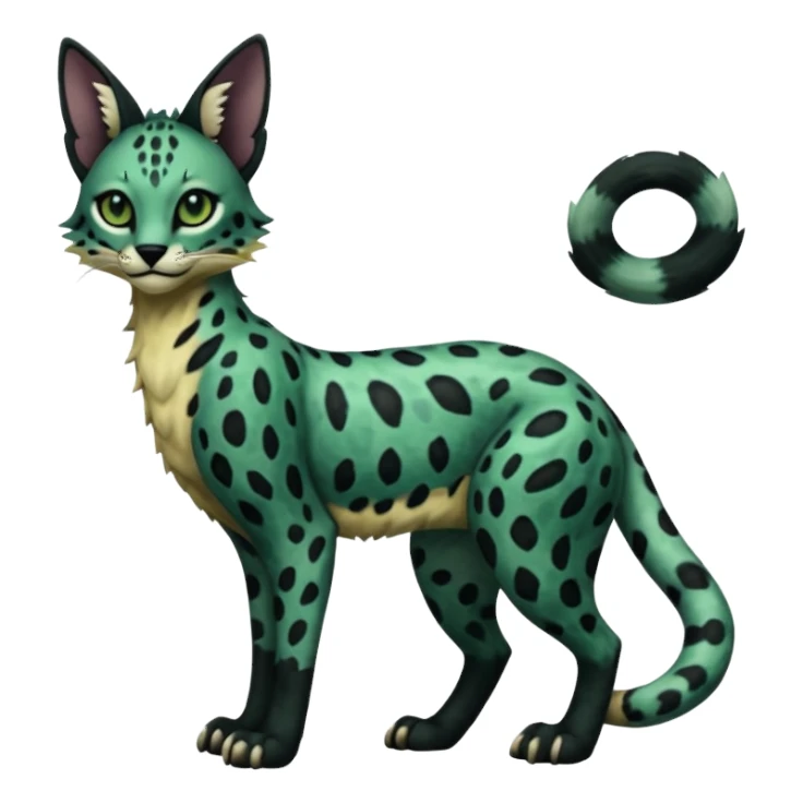 Epic complex detailed dark dusky gloomy deep gothic dark-deep-green, black, realistic Fakémon-Sprigatito-Floragato-Meowscarada-Trico-Sergal-Serval-Vernid-creature (full body) sticker