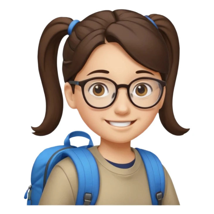 student brunet kid girl, ponytail wearing glasses with backpack sticker