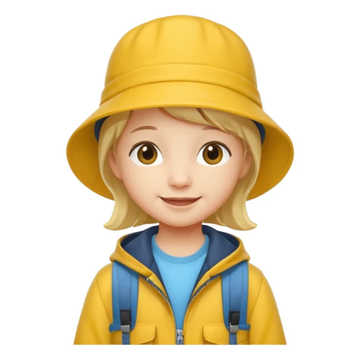 Little student wears yellow bucket hat and jacket, backpack, happy sticker