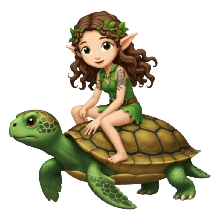 tiny forest elf long curly brown hair tattoos riding turtle sticker