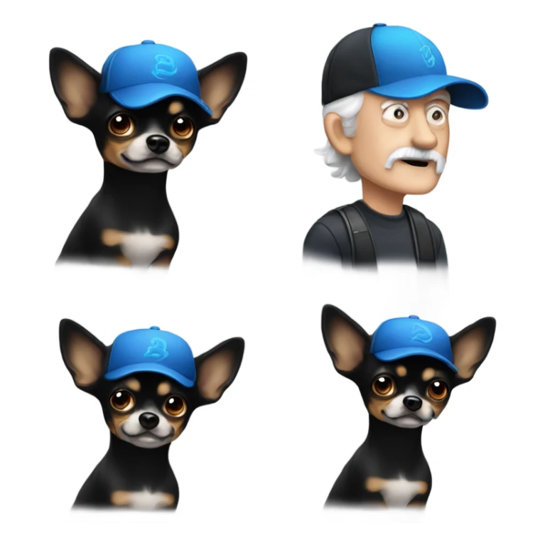 Old man with blue eyes goatee ball cap  and black long haired chihuahua sticker