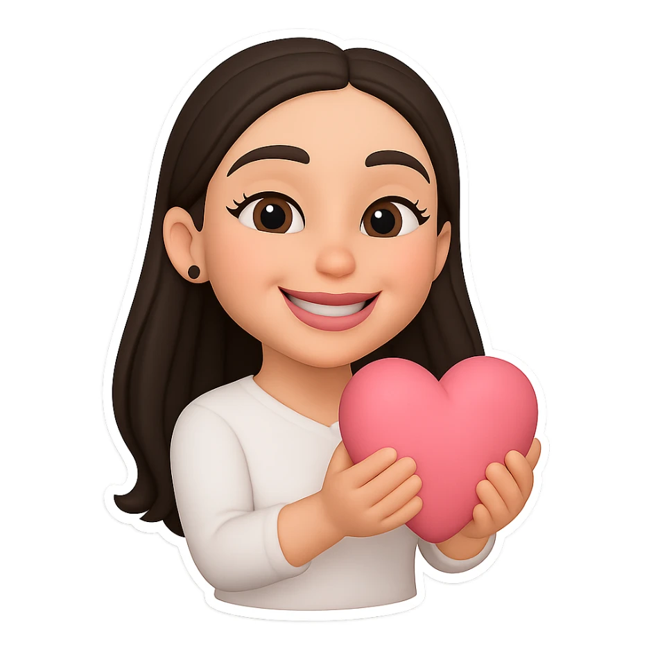 Create a chibi sticker of the girl from the reference image holding a pink heart and smiling. Use 3D bitmoji style with a white outline and transparent background. sticker