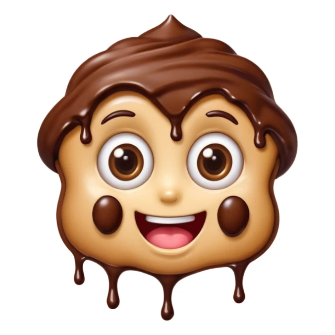 Funny cartoon chocolate mini pastry, crazy wide eyes, messy chocolate dripping, smiling distorted face, chibi style, Twitch emoji style, transparent background, colorful sticker