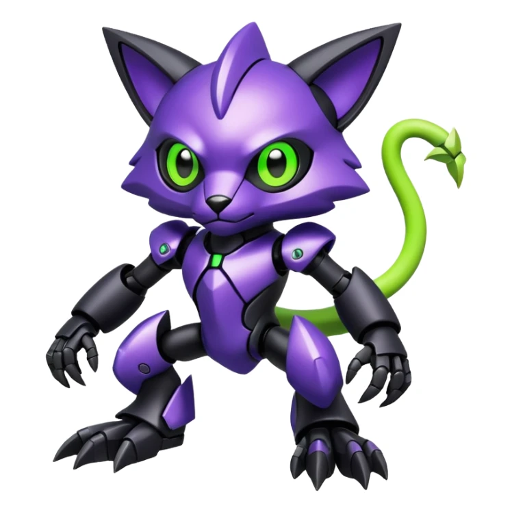 Futuristic modern mechanical badass cool shiny metallic alloy black-obsidian purple neon-green white lime animal hybrid Fakemon full body sticker