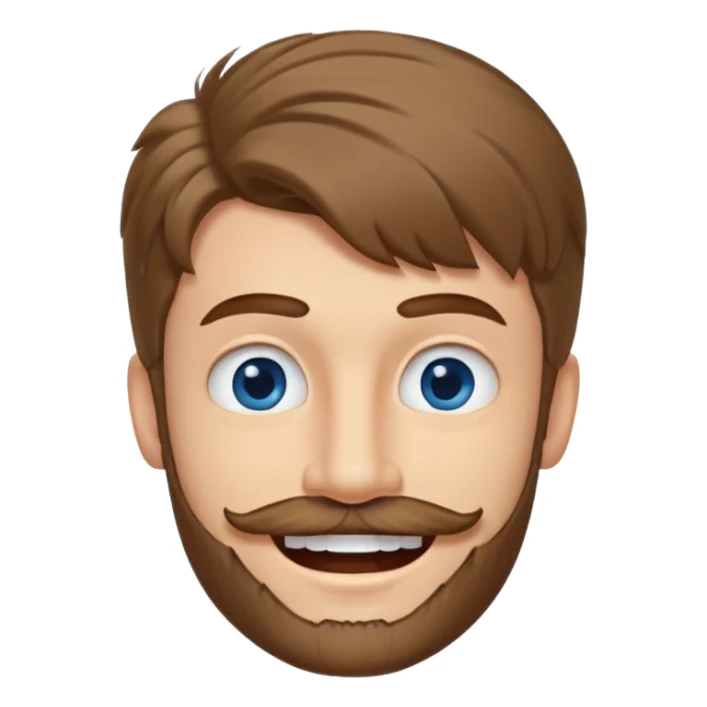 25 year old man, short scruffy beard and thin moustache, brown puffy mullet, blue eyes, big smile, white teeth, big lips, pronounced jaw, hair longer in back, sticking up on top, thin face sticker