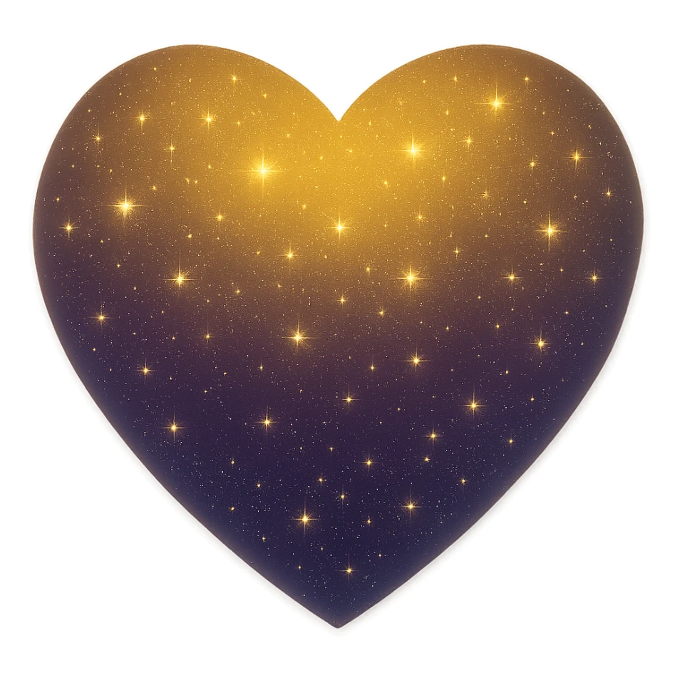 Modify the heart with a night sky gradient to a yellow night theme with a purple gradient, more stars, and a soft glow. Remove the background entirely  sticker