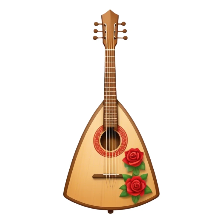 Create a refined and traditional emoji representing the 'Prima' balalaika. The design should feature the distinctive triangular shape of the balalaika, with visible strings and a beautifully crafted wooden body. Add subtle details like a decorative rosette or pick to emphasize the craftsmanship. Use warm wood tones, like rich browns and honey shades, to highlight the traditional and premium nature of the instrument. The background should be transparent. sticker