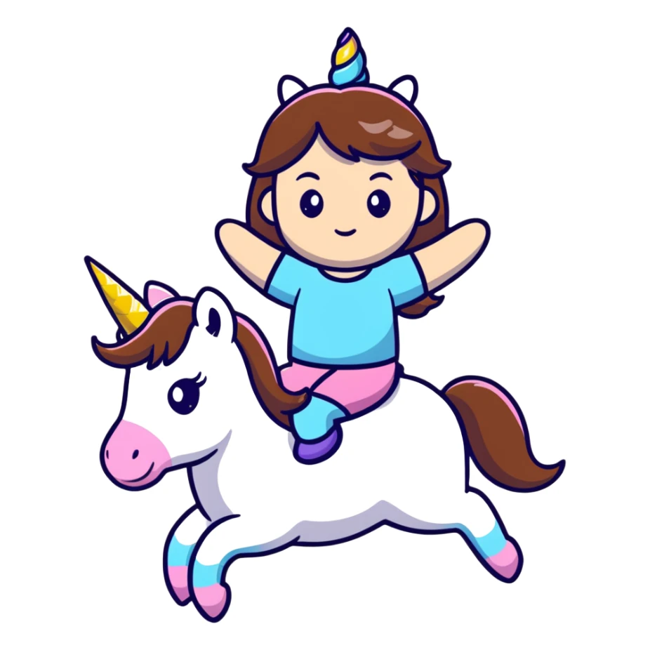 short girl with long brown hair riding a unicorn sticker