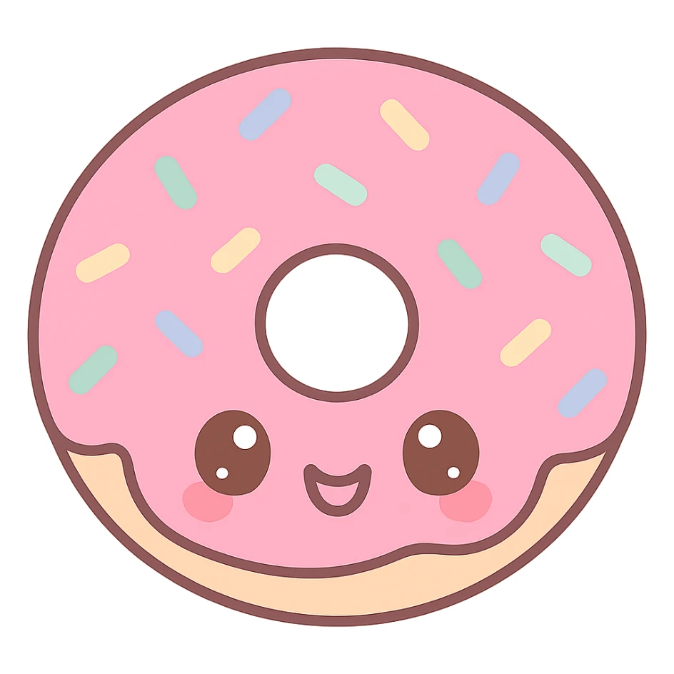 kawaii style donut, happy expression, pink icing, colorful sprinkles, cartoon style, joyful mood sticker