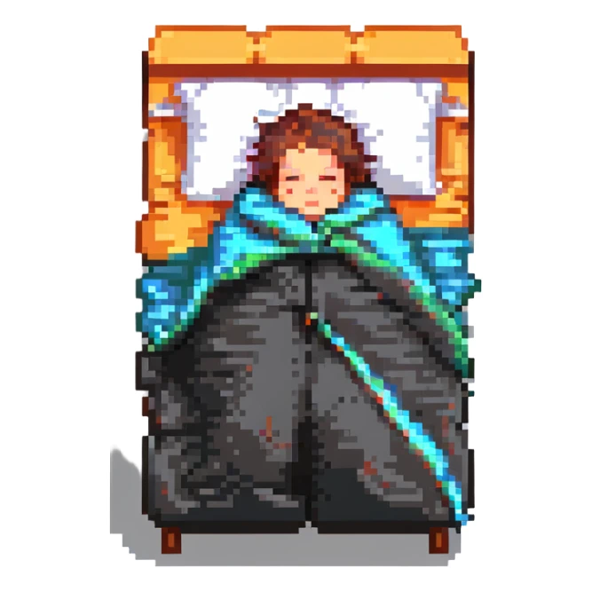 person sleeping under a blanket, pixel art style sticker
