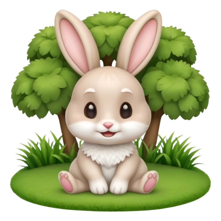 A cute 3D cartoon rabbit sitting on green grass, soft white fur, big ears, round eyes, and a cheerful smile, bright natural lighting, Memoji-style. sticker