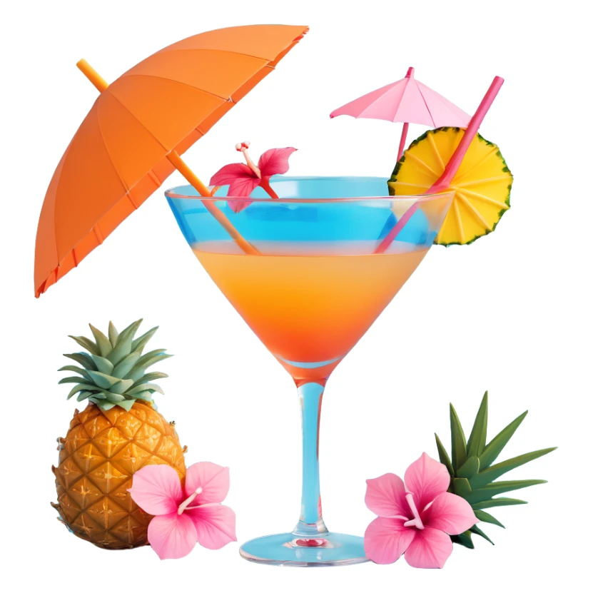 blue tropical cocktail with hibiscus, pineapple, and tiny pastel paper umbrella garnishes sticker