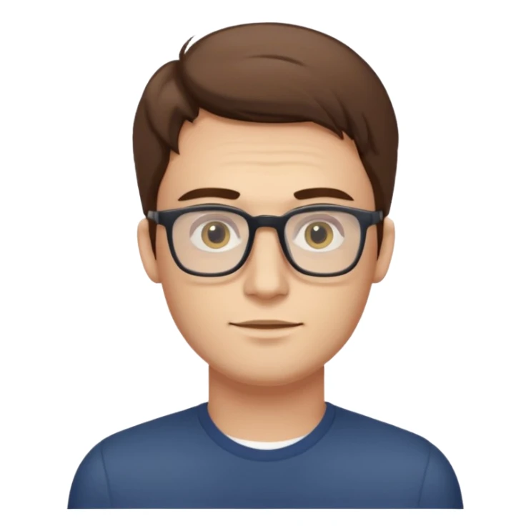 a young man around 30 years old, with brown hair, longer rectangular face, light yellow skin color, small eyes with rectangle shape glasses, without beard, no forehead wrinkles sticker